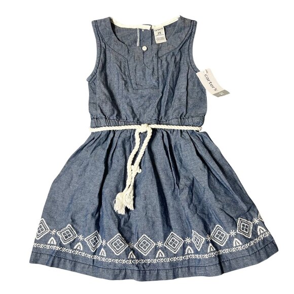 Carter's Dress Toddler Girls 2T Chambray Sleeveless Dress‎ Embroidered Hem - Picture 1 of 8
